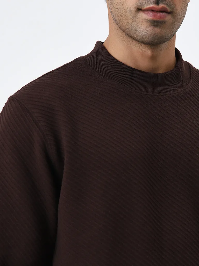 Ascot Dark Brown Ribbed Textured Relaxed Fit Sweatshirt