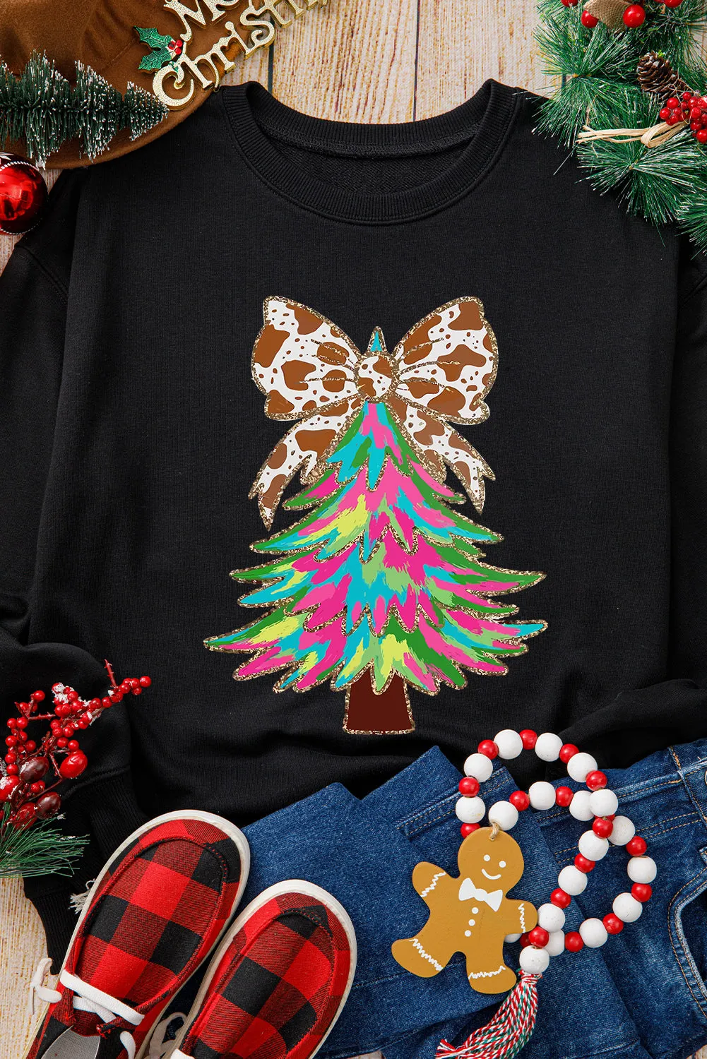 Black Shiny Bowknot Christmas Tree Graphic Round Neck Sweatshirt