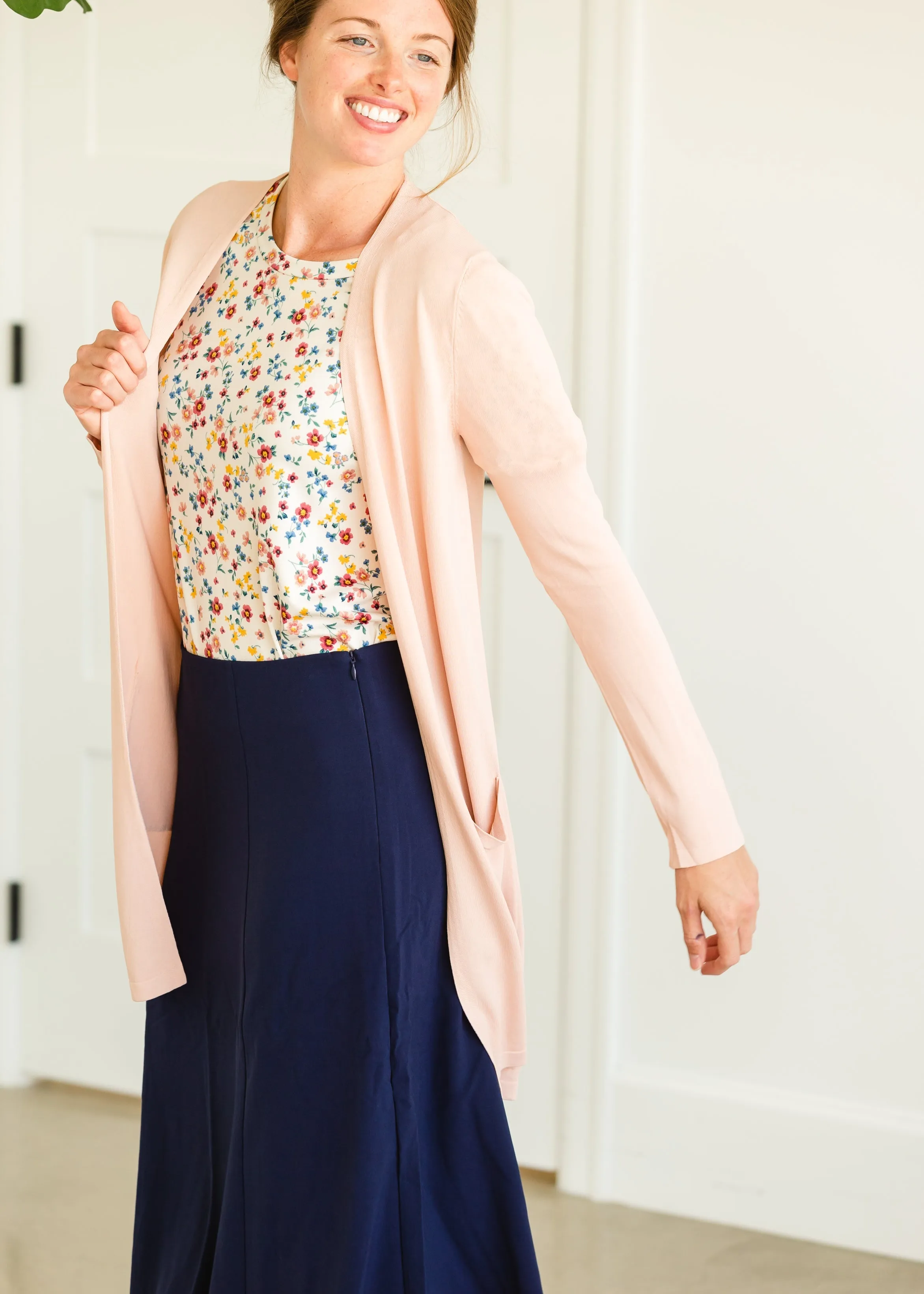 Blush Open Front Long Sleeve Cardigan