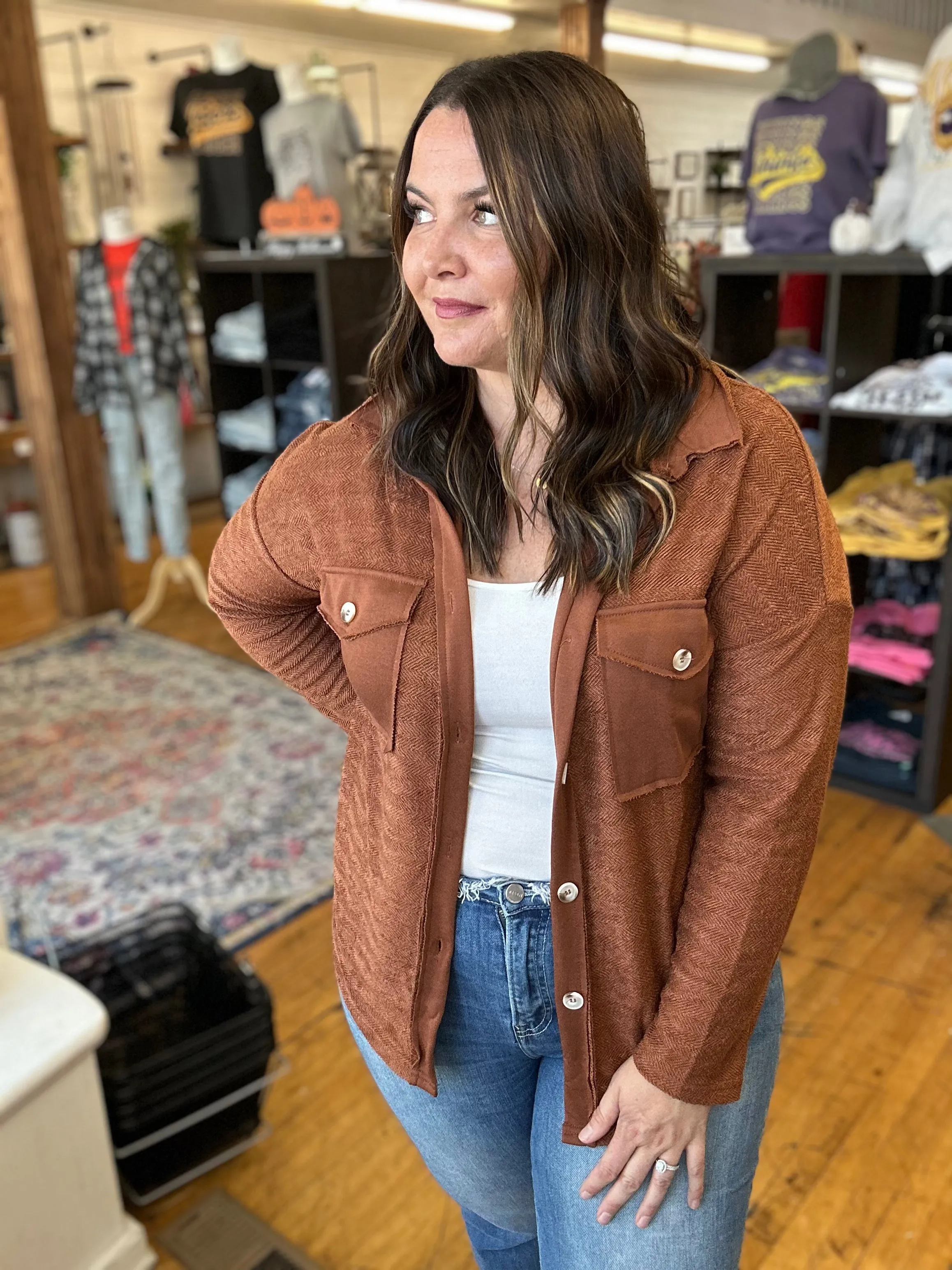 Brown Solid Color Textured Button Up Shacket with Pockets