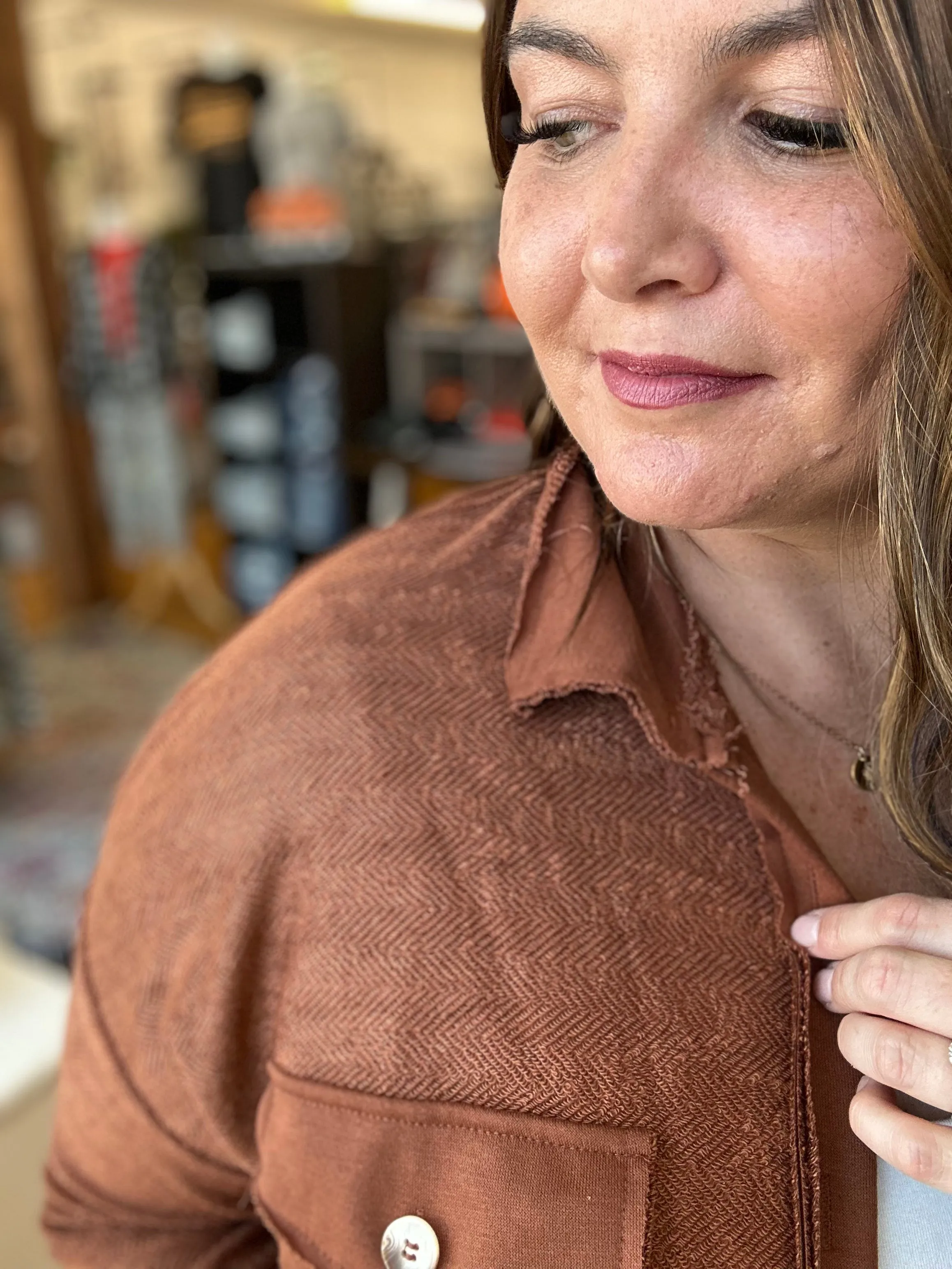 Brown Solid Color Textured Button Up Shacket with Pockets