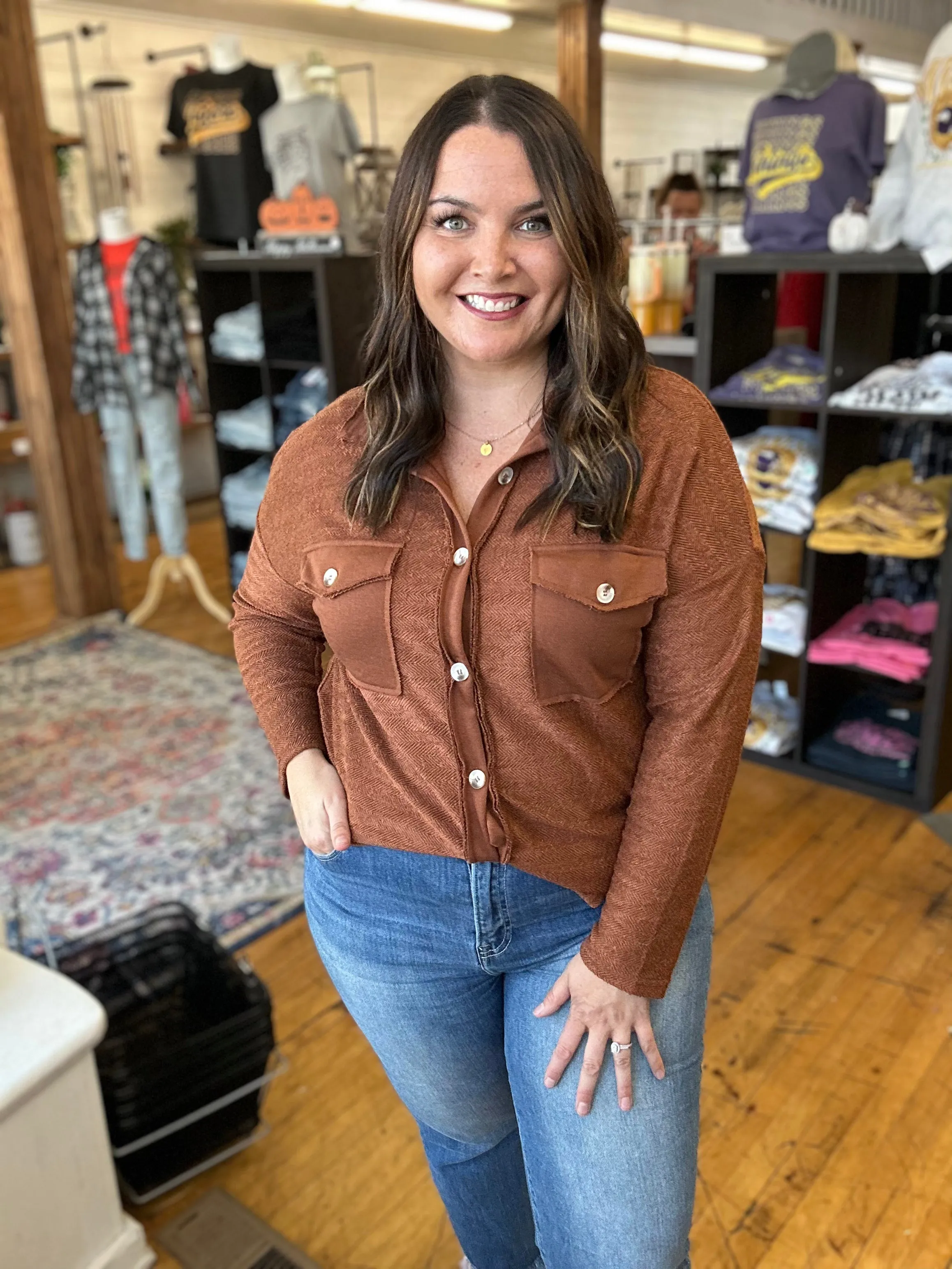 Brown Solid Color Textured Button Up Shacket with Pockets