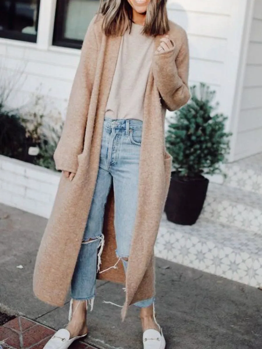 Casual Loose Solid Color Long Sleeve Pocket Cardigan