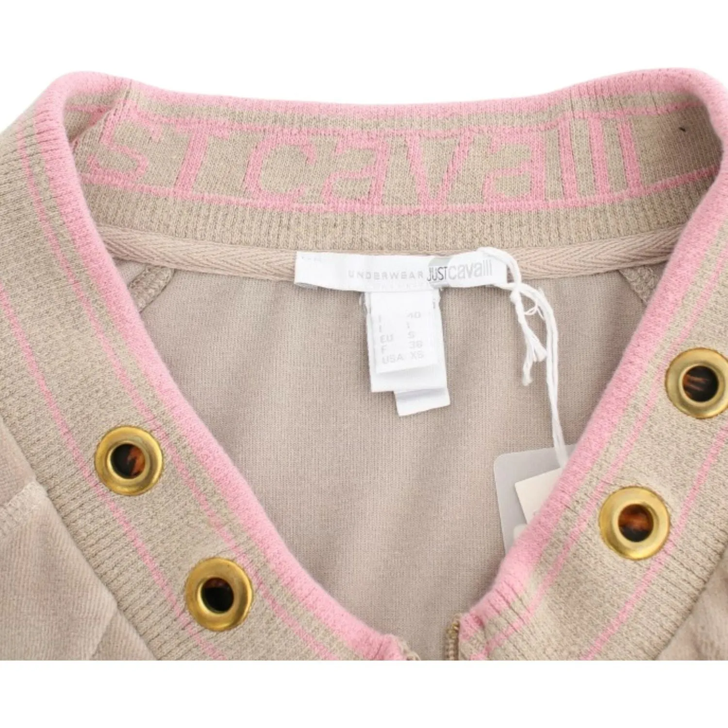 Cavalli Beige Zip Cardigan with Gold Tone Accents