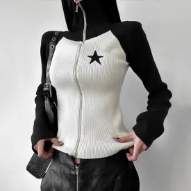 Korean Fashion Skinny Knitted Sweater for Women Autumn Winter Knitted Cardigan Zip Up Jacket Star Embroidery Contrast