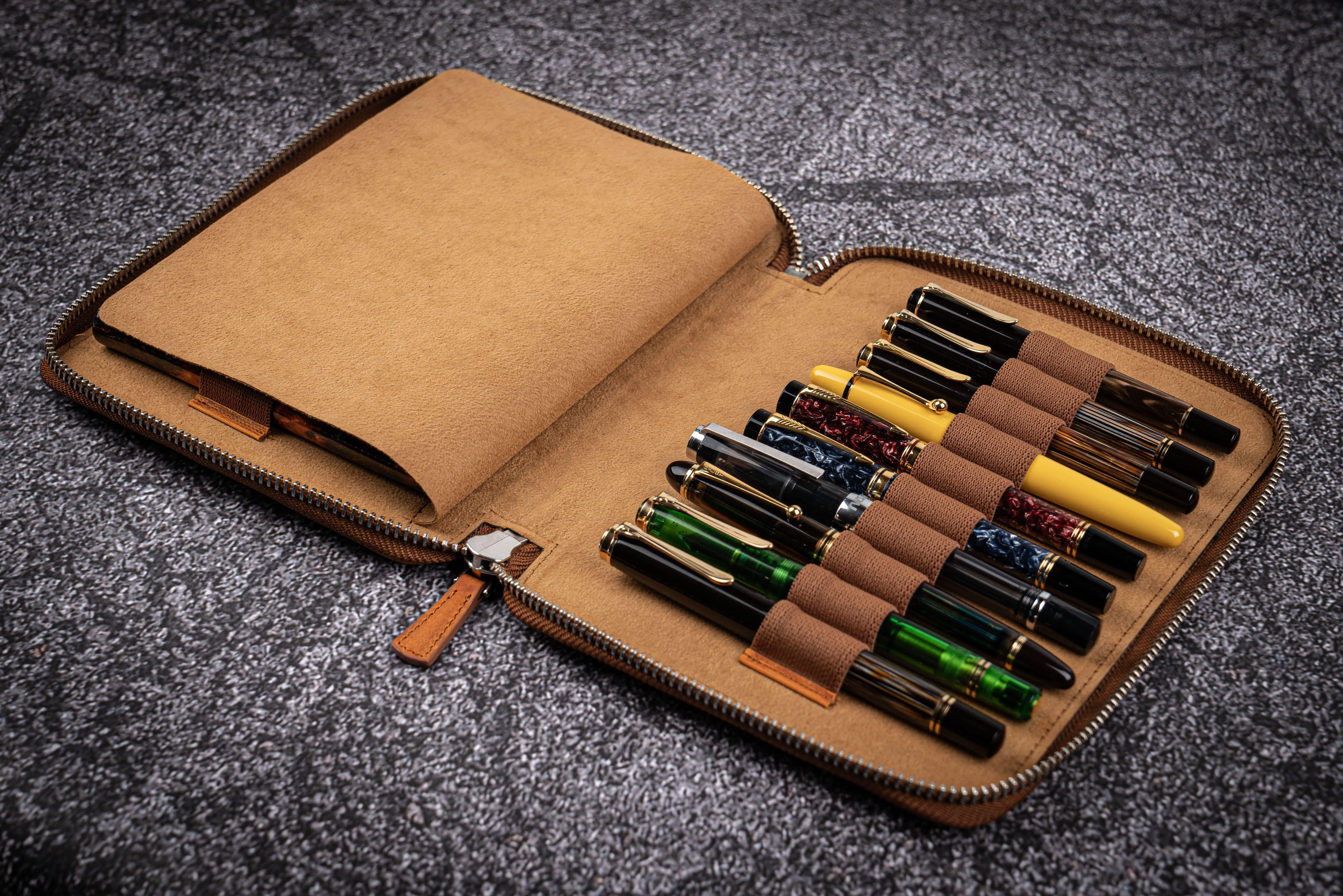 Leather Zippered 20 Slots Pen Case - Crazy Horse Brown