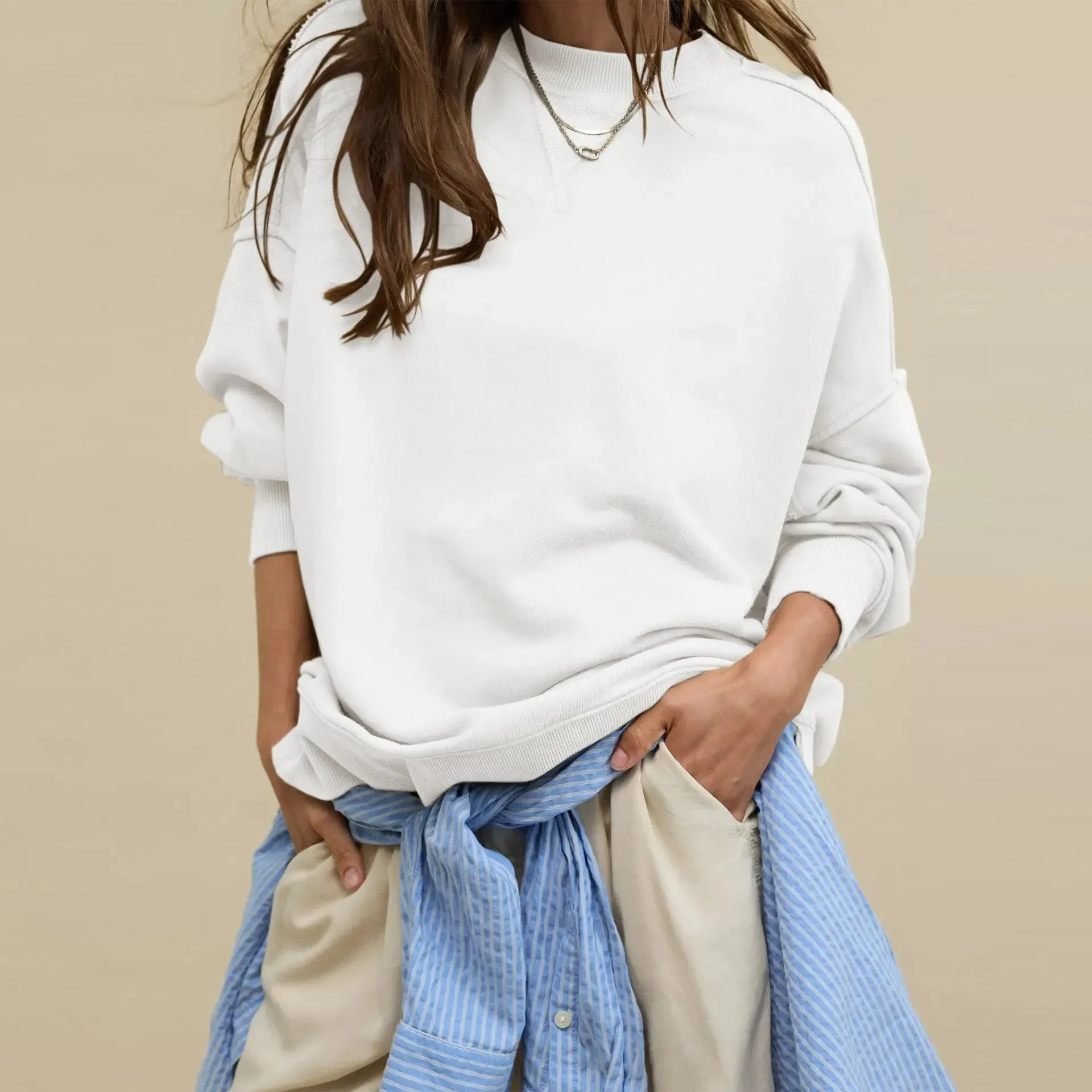 Line Slit Solid Color Loose Sweatshirt