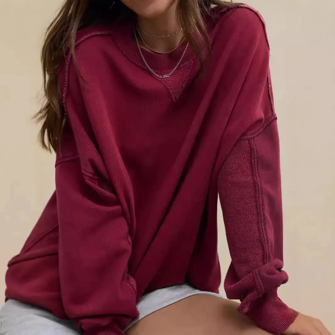 Line Slit Solid Color Loose Sweatshirt