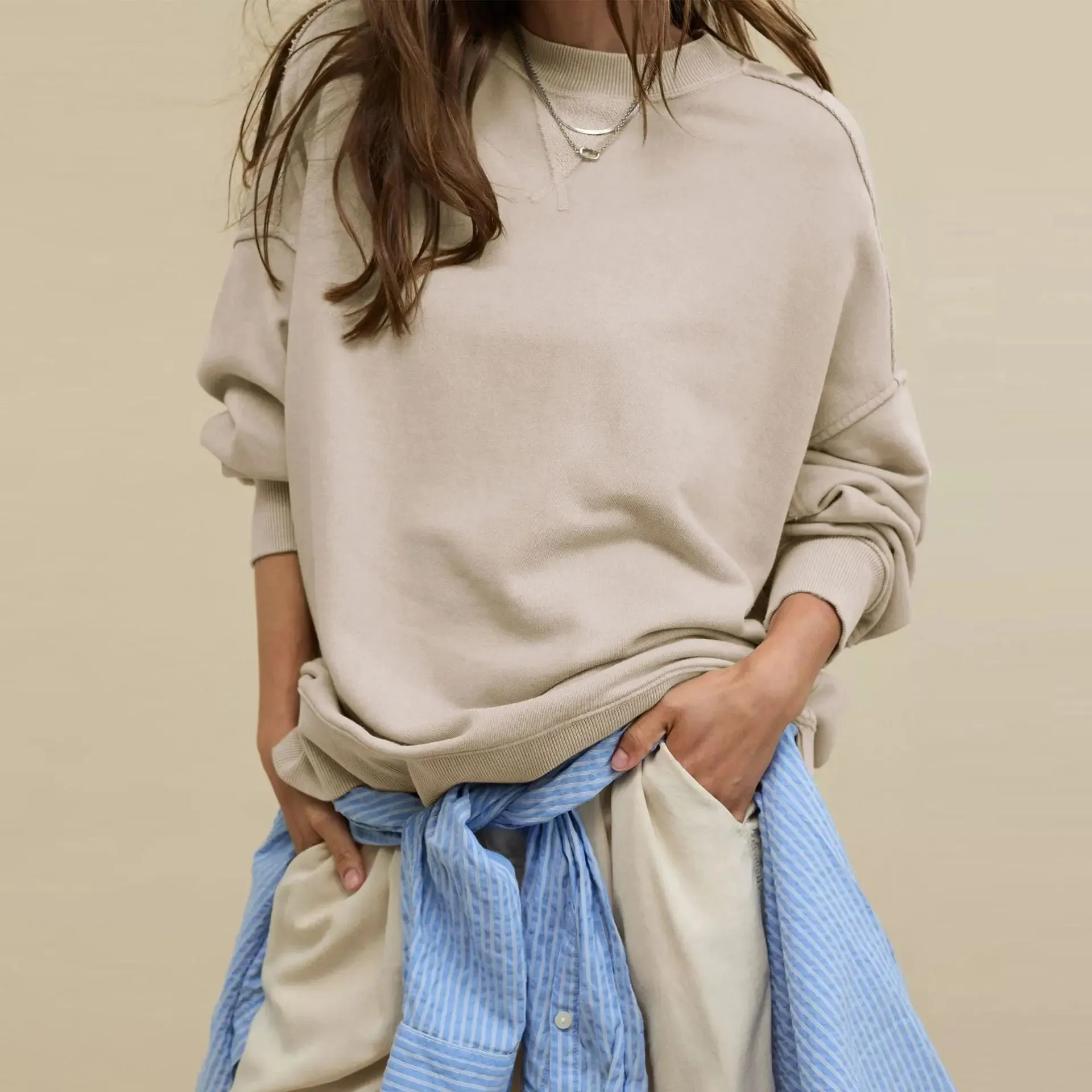 Line Slit Solid Color Loose Sweatshirt