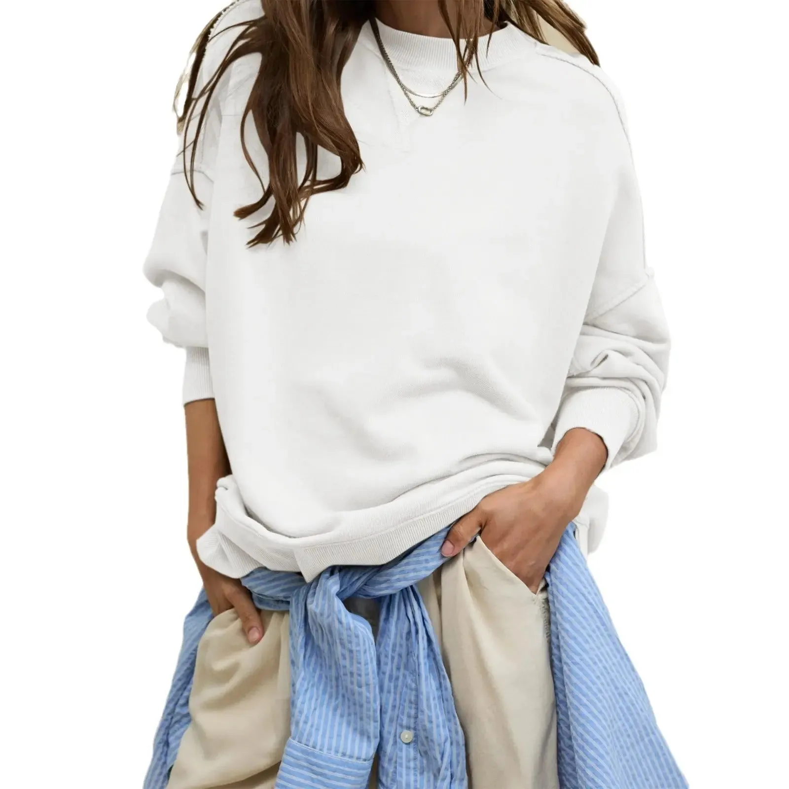 Line Slit Solid Color Loose Sweatshirt