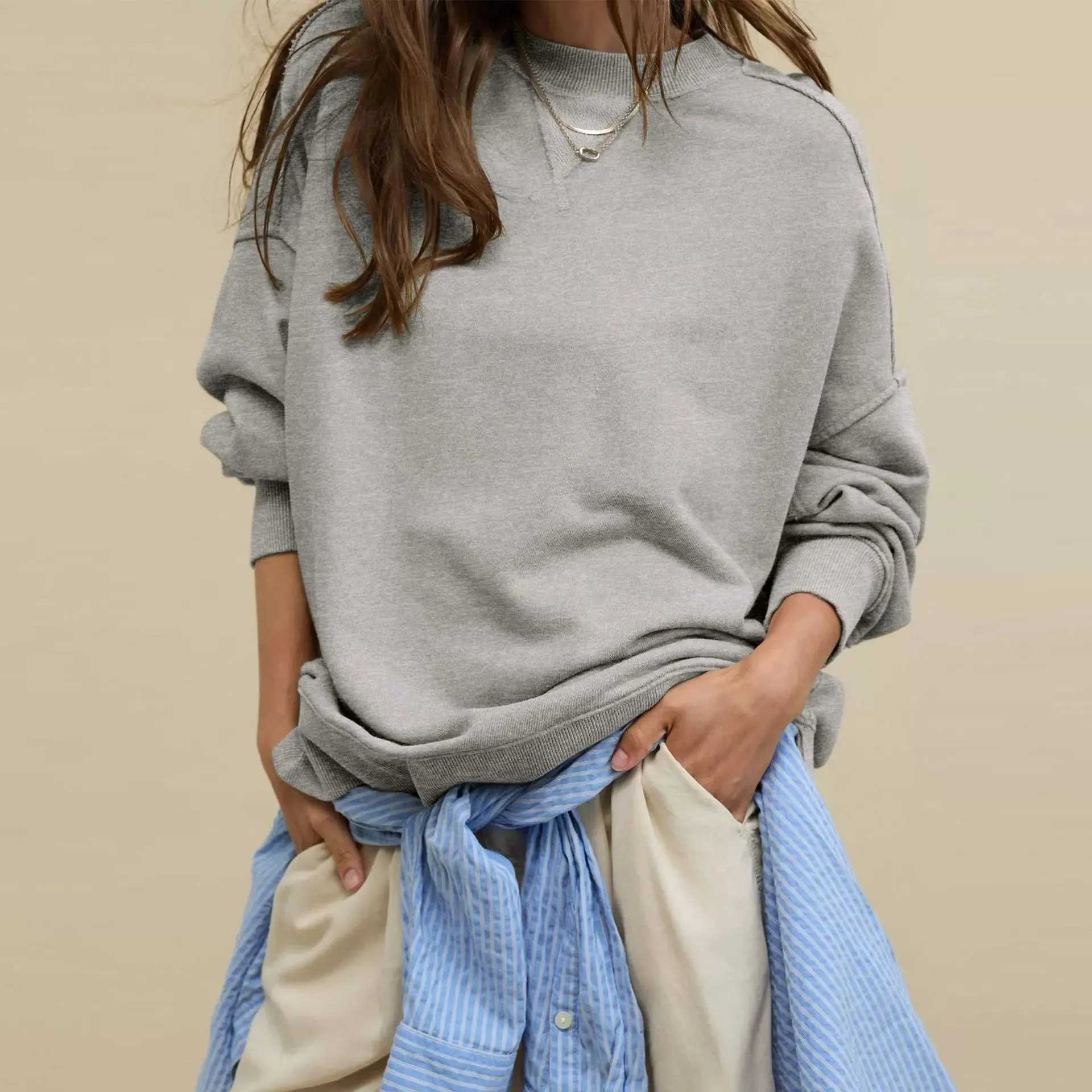 Line Slit Solid Color Loose Sweatshirt