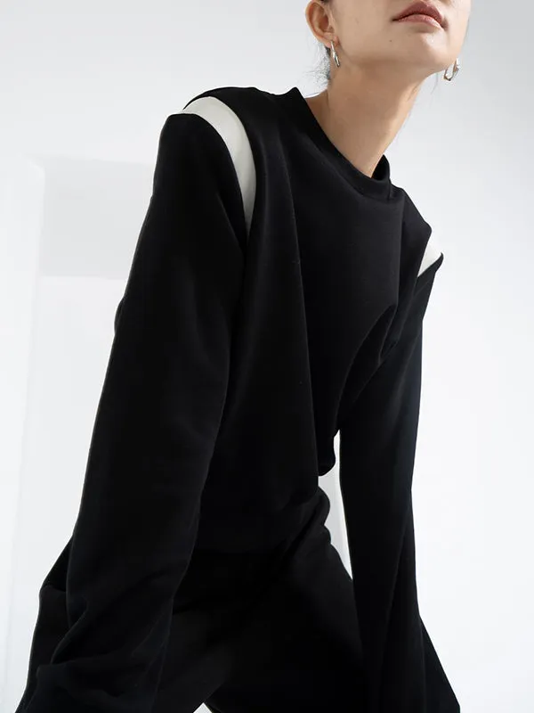 Long Sleeves Loose Contrast Color Round-Neck Sweatshirt Tops