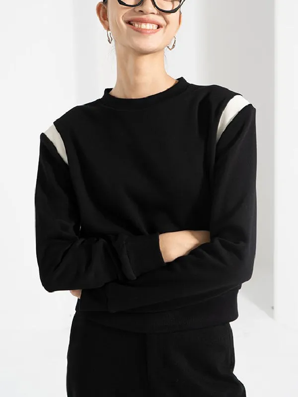 Long Sleeves Loose Contrast Color Round-Neck Sweatshirt Tops