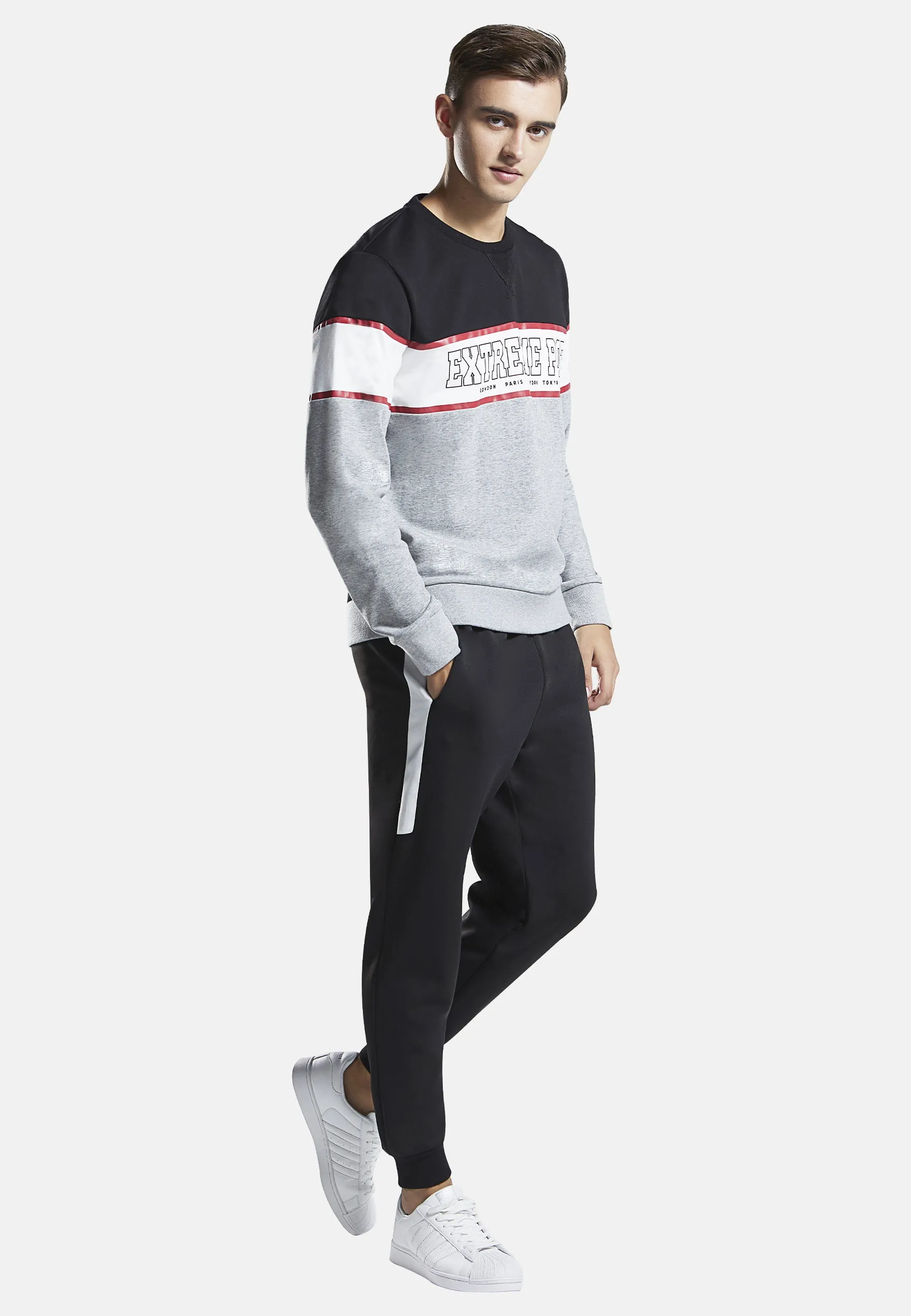 Mens Sweatshirt Crew Neck Contrast Stripe Sports