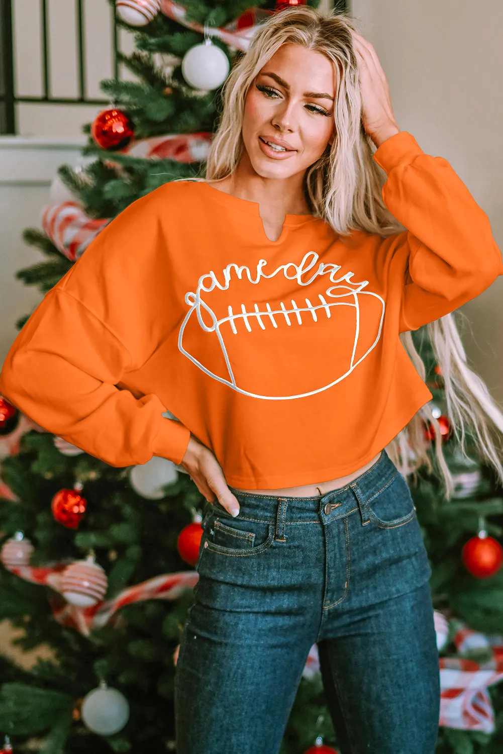 Orange Game Day Lettering Football Notched Neck Sweatshirt