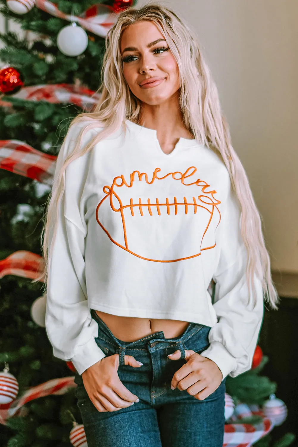 Orange Game Day Lettering Football Notched Neck Sweatshirt