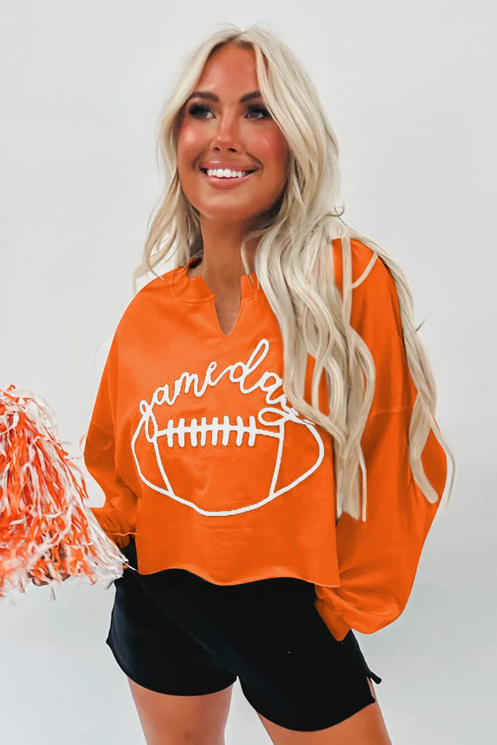 Orange Game Day Lettering Football Notched Neck Sweatshirt