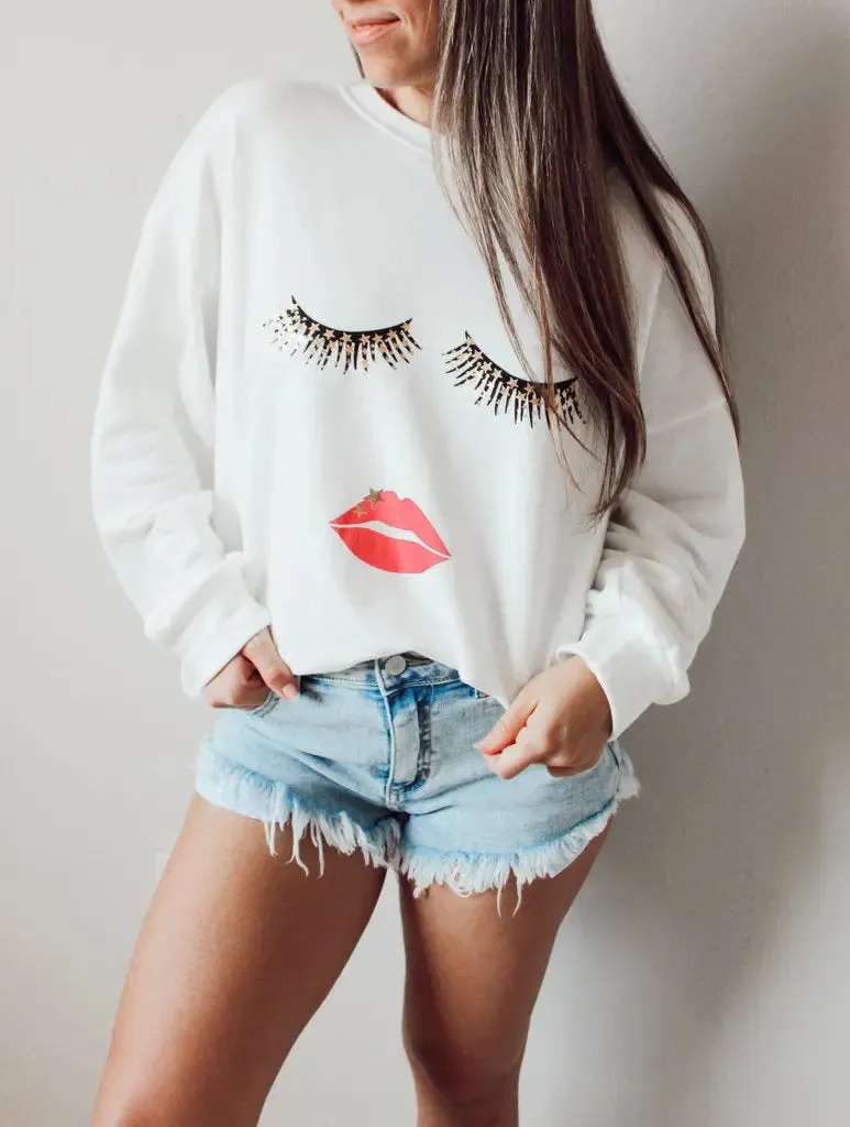 Round Neck Eyelashes Lip Printings Loose Sweatshirt