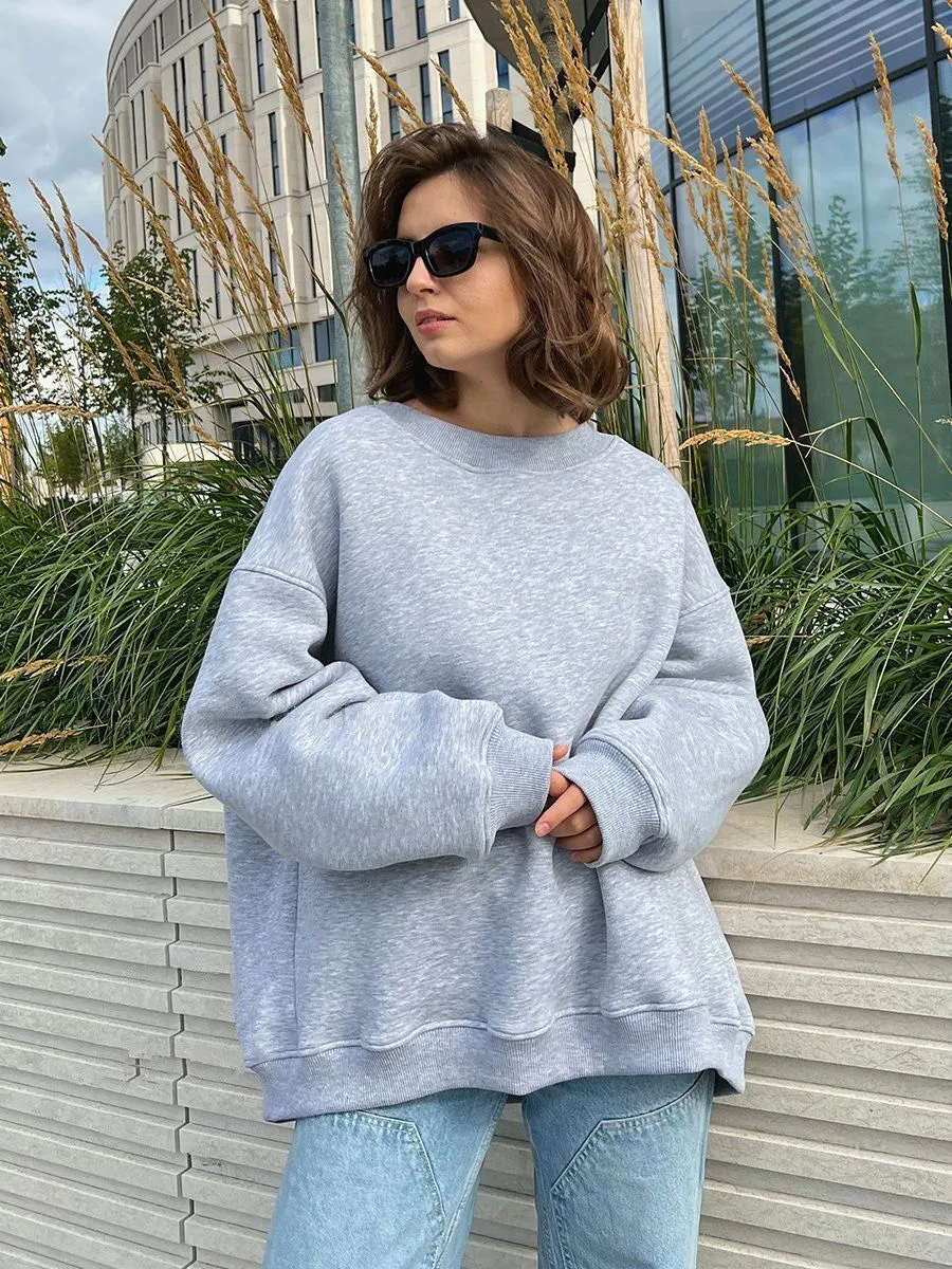 Round Neck Loose Sweatshirt Women Autumn Winter Street Solid Color Polar Fleece Pullover Sweater