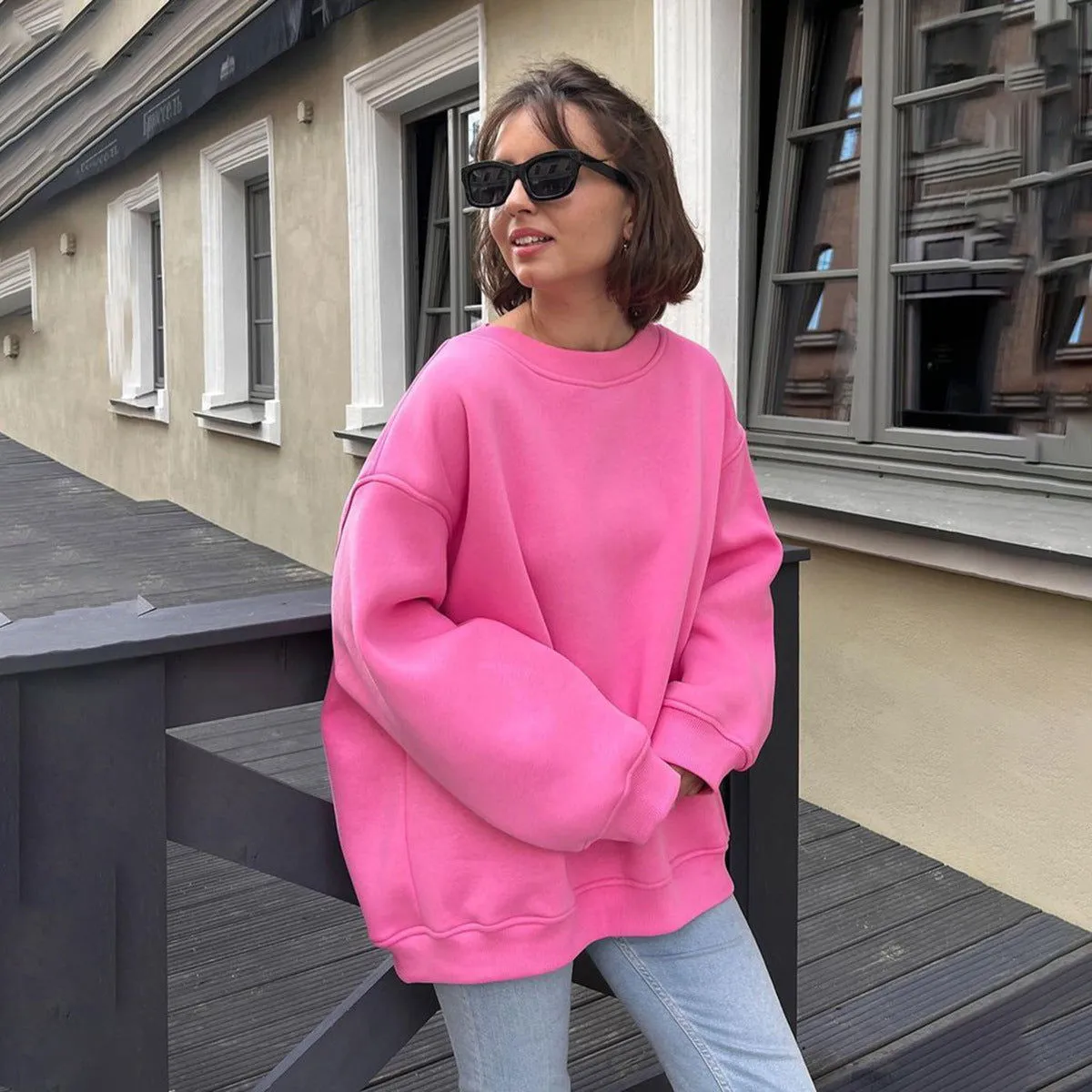 Round Neck Loose Sweatshirt Women Autumn Winter Street Solid Color Polar Fleece Pullover Sweater