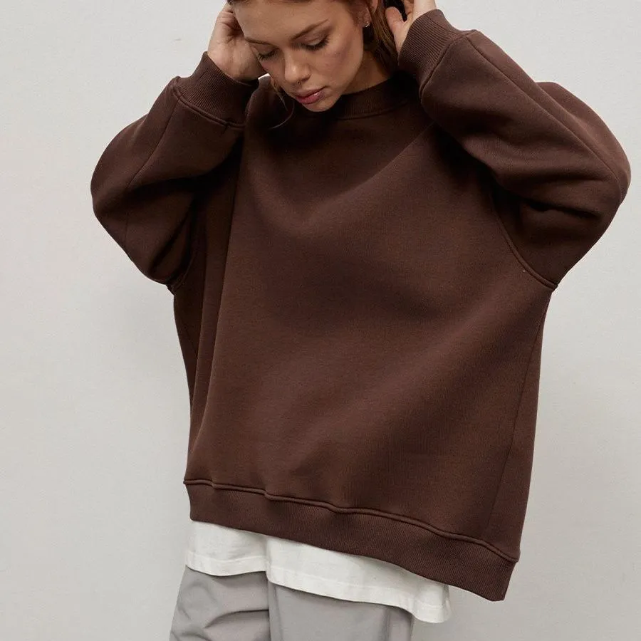 Round Neck Loose Sweatshirt Women Autumn Winter Street Solid Color Polar Fleece Pullover Sweater