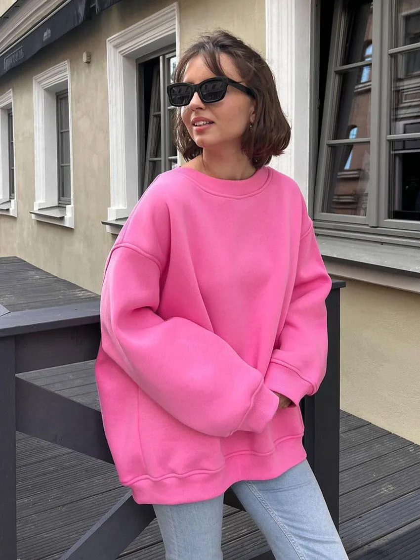 Round Neck Loose Sweatshirt Women Autumn Winter Street Solid Color Polar Fleece Pullover Sweater