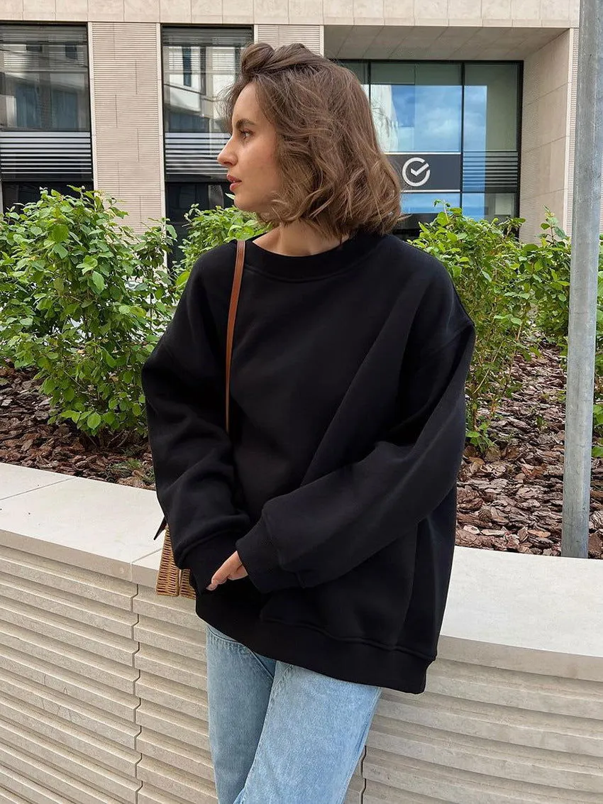 Round Neck Loose Sweatshirt Women Autumn Winter Street Solid Color Polar Fleece Pullover Sweater