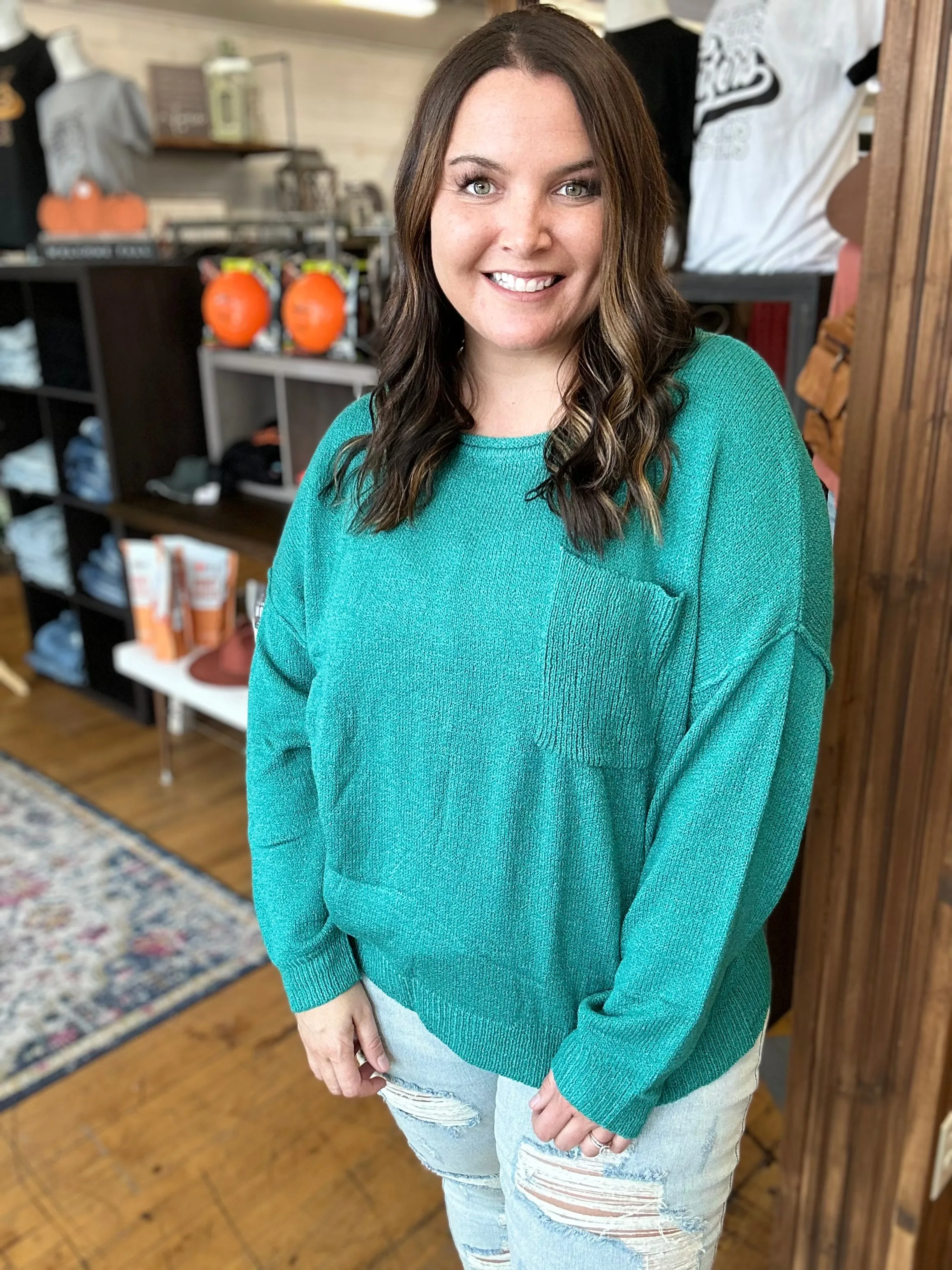 Teal Sweater with Pocket - Plus