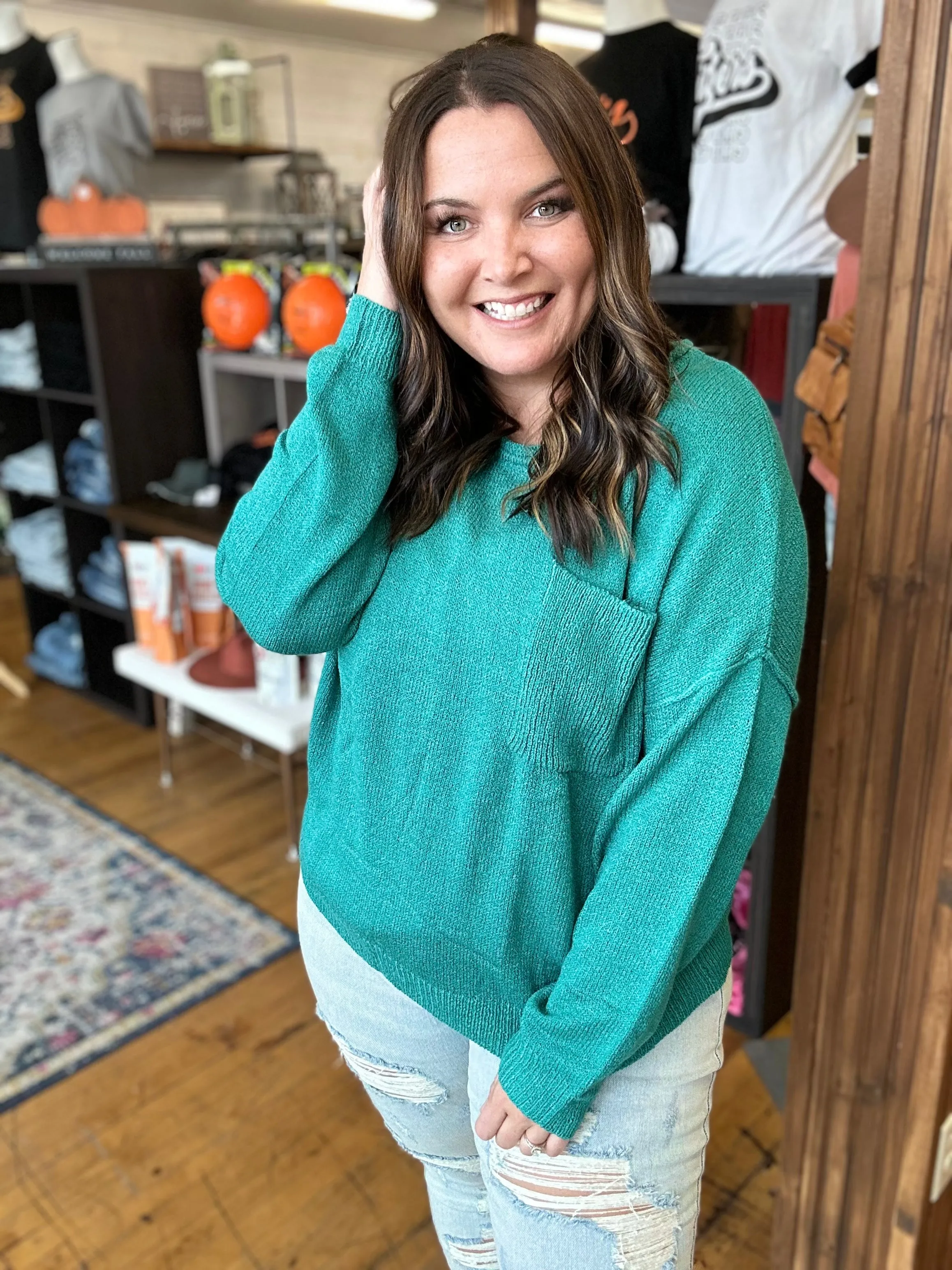 Teal Sweater with Pocket - Plus