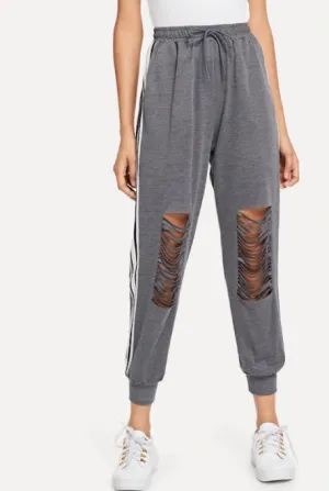 Women Drawstring Waist Striped Tape Side Ripped Pants Jogger