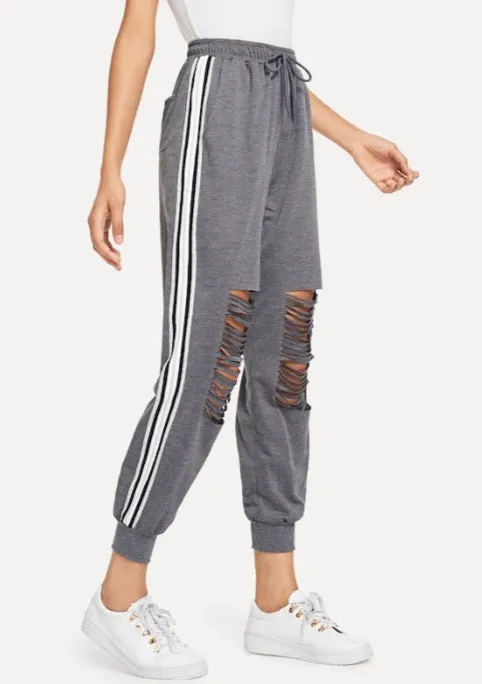 Women Drawstring Waist Striped Tape Side Ripped Pants Jogger