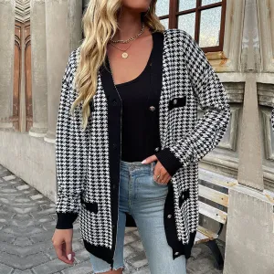 Women's Mid Length Dogtooth Button Front Cardigan